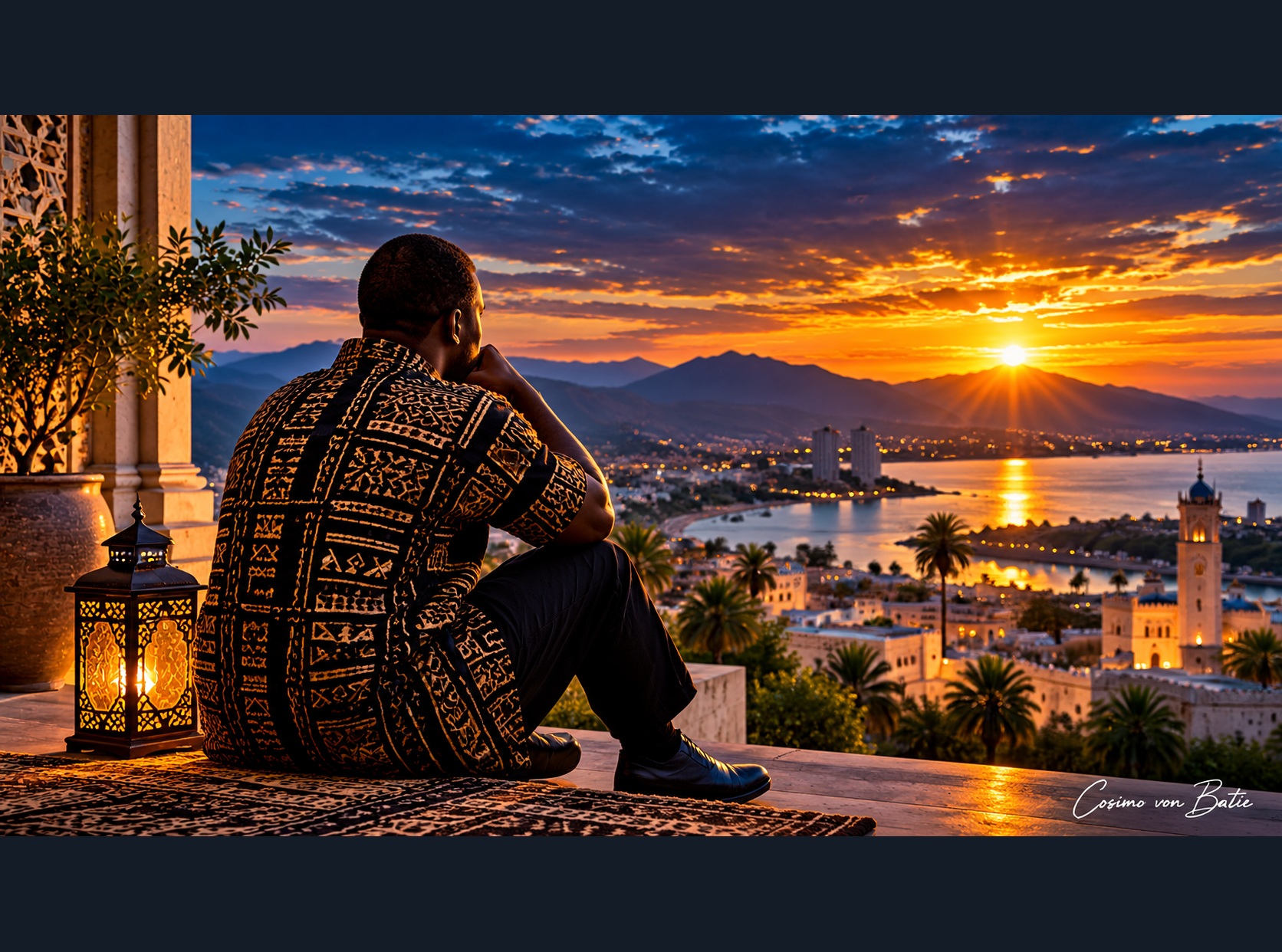 A contemplative figure at sunset with Cosimo von Batie signature safely within the image
